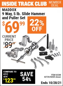 Harbor Freight ITC Coupon MADDOX 9 WAY, 5 LB. SLIDE HAMMER PULLER SET Lot No. 56505, 63729 Expired: 10/28/21 - $69.99