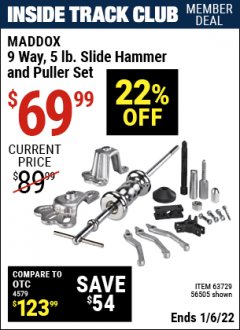 Harbor Freight ITC Coupon MADDOX 9 WAY, 5 LB. SLIDE HAMMER PULLER SET Lot No. 56505, 63729 Expired: 1/6/22 - $69.99