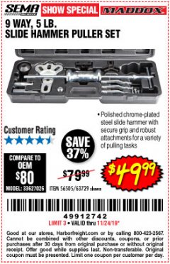 Harbor Freight Coupon MADDOX 9 WAY, 5 LB. SLIDE HAMMER PULLER SET Lot No. 56505, 63729 Expired: 11/24/19 - $49.99