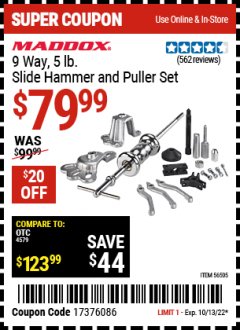 Harbor Freight Coupon MADDOX 9 WAY, 5 LB. SLIDE HAMMER PULLER SET Lot No. 56505, 63729 Expired: 10/13/22 - $79.99