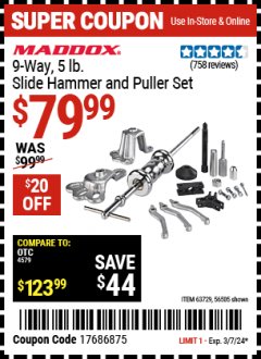 Harbor Freight Coupon MADDOX 9 WAY, 5 LB. SLIDE HAMMER PULLER SET Lot No. 56505, 63729 Expired: 3/7/24 - $79.99