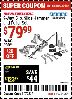 Harbor Freight Coupon MADDOX 9-WAY, 5 LB. SLIDE HAMMER AND PULLER SET Lot No. 56505 Expired: 8/15/24 - $79.99