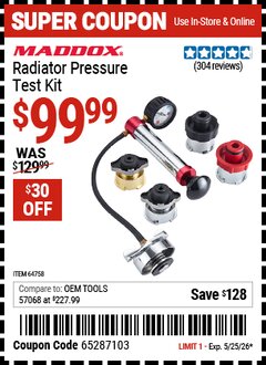 Harbor Freight Coupon MADDOX RADIATOR PRESSURE TEST KIT Lot No. 64758 Valid Thru: 5/25/26 - $99.99