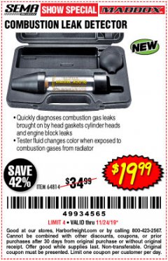 Harbor Freight Coupon MADDOX COMBUSTION LEAK DETECTOR Lot No. 64814 Expired: 11/24/19 - $19.99