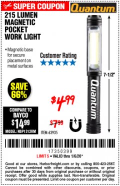 Harbor Freight Coupon 215 LUMEN LIGHT Lot No. 63935 Expired: 1/6/20 - $4.99