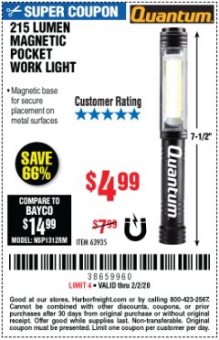 Harbor Freight Coupon 215 LUMEN LIGHT Lot No. 63935 Expired: 2/2/20 - $4.99