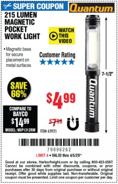 Harbor Freight Coupon 215 LUMEN LIGHT Lot No. 63935 Expired: 6/30/20 - $4.99