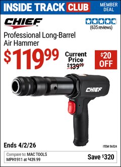 Harbor Freight Coupon CHIEF PROFESSIONAL LONG-BARREL AIR HAMMER Lot No. 56524 Valid: 12/31/69 - 4/2/26 - $119.99