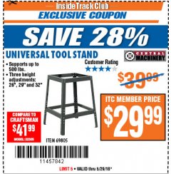 Harbor Freight ITC Coupon CENTRAL MACHINERY UNIVERSAL TOOL STAND Lot No. 69805 Expired: 5/29/18 - $29.99