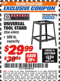 Harbor Freight ITC Coupon CENTRAL MACHINERY UNIVERSAL TOOL STAND Lot No. 69805 Expired: 7/31/18 - $29.99