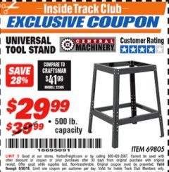 Harbor Freight ITC Coupon CENTRAL MACHINERY UNIVERSAL TOOL STAND Lot No. 69805 Expired: 9/30/18 - $29.99