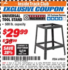 Harbor Freight ITC Coupon UNIVERSAL TOOL STAND Lot No. 46075/69805 Expired: 12/31/18 - $29.99