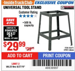Harbor Freight ITC Coupon UNIVERSAL TOOL STAND Lot No. 46075/69805 Expired: 8/27/19 - $29.99