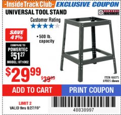 Harbor Freight ITC Coupon CENTRAL MACHINERY UNIVERSAL TOOL STAND Lot No. 69805 Expired: 8/27/19 - $29.99