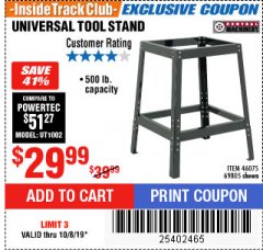 Harbor Freight ITC Coupon UNIVERSAL TOOL STAND Lot No. 46075/69805 Expired: 10/8/19 - $29.99