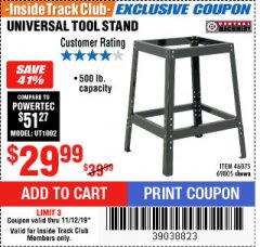 Harbor Freight ITC Coupon UNIVERSAL TOOL STAND Lot No. 46075/69805 Expired: 11/12/19 - $29.99