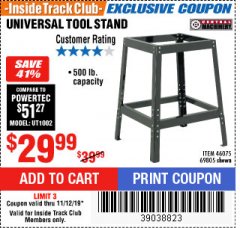 Harbor Freight ITC Coupon CENTRAL MACHINERY UNIVERSAL TOOL STAND Lot No. 69805 Expired: 11/12/19 - $29.99