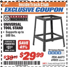Harbor Freight ITC Coupon CENTRAL MACHINERY UNIVERSAL TOOL STAND Lot No. 69805 Expired: 12/31/19 - $29.99