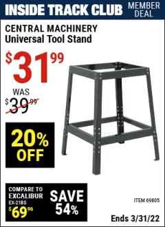 Harbor Freight ITC Coupon UNIVERSAL TOOL STAND Lot No. 46075/69805 Expired: 3/31/22 - $31.99