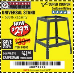 Harbor Freight Coupon UNIVERSAL TOOL STAND Lot No. 46075/69805 Expired: 5/4/19 - $29.99