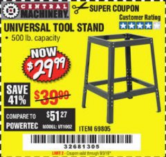 Harbor Freight Coupon UNIVERSAL TOOL STAND Lot No. 46075/69805 Expired: 9/3/19 - $29.99