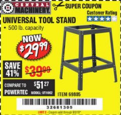 Harbor Freight Coupon CENTRAL MACHINERY UNIVERSAL TOOL STAND Lot No. 69805 Expired: 9/3/19 - $29.99