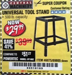 Harbor Freight Coupon UNIVERSAL TOOL STAND Lot No. 46075/69805 Expired: 10/27/19 - $29.99