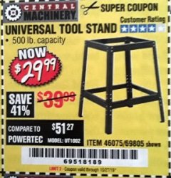 Harbor Freight Coupon CENTRAL MACHINERY UNIVERSAL TOOL STAND Lot No. 69805 Expired: 10/27/19 - $29.99