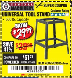 Harbor Freight Coupon UNIVERSAL TOOL STAND Lot No. 46075/69805 Expired: 6/21/20 - $29.99