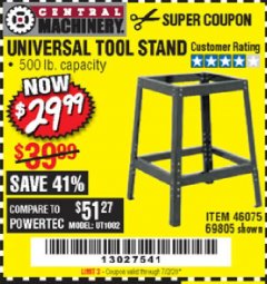 Harbor Freight Coupon CENTRAL MACHINERY UNIVERSAL TOOL STAND Lot No. 69805 Expired: 7/2/20 - $29.99