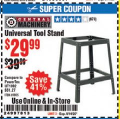 Harbor Freight Coupon UNIVERSAL TOOL STAND Lot No. 46075/69805 Expired: 9/14/20 - $29.99