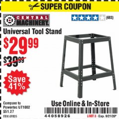 Harbor Freight Coupon UNIVERSAL TOOL STAND Lot No. 46075/69805 Expired: 9/21/20 - $29.99
