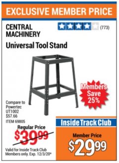Harbor Freight Coupon UNIVERSAL TOOL STAND Lot No. 46075/69805 Expired: 12/3/20 - $29.99