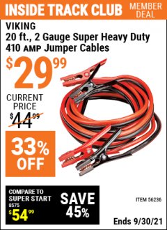 Harbor Freight ITC Coupon 20 FT., 2 GAUGE HEAVY DUTY BOOSTER CABLES Lot No. 56236 Expired: 9/30/21 - $29.99