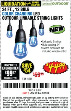Harbor Freight Coupon 24 FT., 12 BULB COLOR CHANGING LED OUTDOOR LINKABLE STRING LIGHTS Lot No. 56521 Expired: 3/31/20 - $44.99