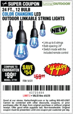 Harbor Freight Coupon 24 FT., 12 BULB COLOR CHANGING LED OUTDOOR LINKABLE STRING LIGHTS Lot No. 56521 Expired: 6/30/20 - $44.99