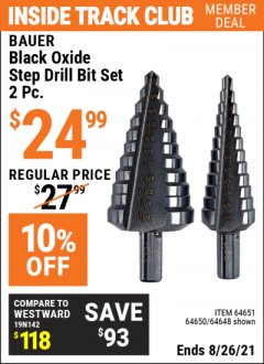 Harbor Freight ITC Coupon 2 PIECE BLACK OXIDE COATED M2 STEEL HIGH SPEED STEP BITS Lot No. 64651/64650/64648 Expired: 8/26/21 - $24.99