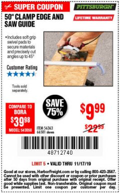 Harbor Freight Coupon 50 CLAMP EDGE AND SAW GUIDE Lot No. 56363, 66581 Expired: 11/17/19 - $9.99