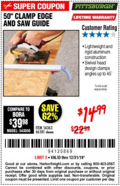 Harbor Freight Coupon 50 CLAMP EDGE AND SAW GUIDE Lot No. 56363, 66581 Expired: 12/31/19 - $14.99