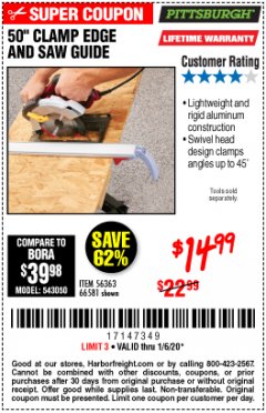 Harbor Freight Coupon 50 CLAMP EDGE AND SAW GUIDE Lot No. 56363/66581 Expired: 1/6/20 - $14.99