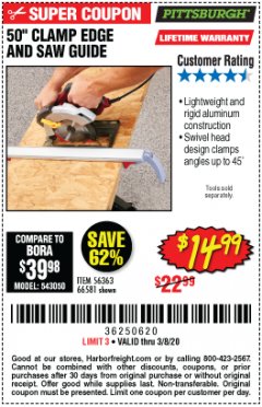 Harbor Freight Coupon 50 CLAMP EDGE AND SAW GUIDE Lot No. 56363/66581 Expired: 2/8/20 - $14.99