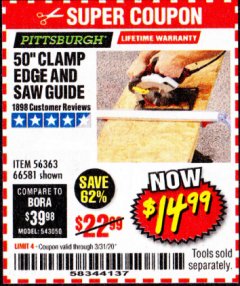 Harbor Freight Coupon 50 CLAMP EDGE AND SAW GUIDE Lot No. 56363/66581 Expired: 3/31/20 - $14.99