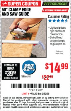 Harbor Freight Coupon 50 CLAMP EDGE AND SAW GUIDE Lot No. 56363, 66581 Expired: 3/22/20 - $14.99