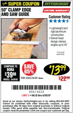 Harbor Freight Coupon 50 CLAMP EDGE AND SAW GUIDE Lot No. 56363/66581 Expired: 6/30/20 - $13.99