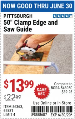 Harbor Freight Coupon 50 CLAMP EDGE AND SAW GUIDE Lot No. 56363, 66581 Expired: 6/30/20 - $13.99