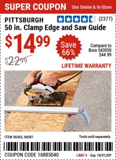 Harbor Freight Coupon 50 CLAMP EDGE AND SAW GUIDE Lot No. 56363, 66581 Expired: 10/31/20 - $14.99