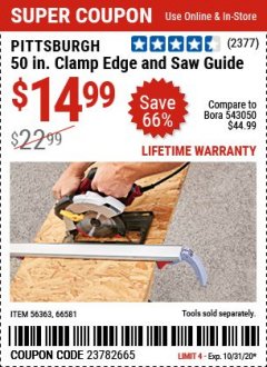 Harbor Freight Coupon 50 CLAMP EDGE AND SAW GUIDE Lot No. 56363, 66581 Expired: 9/28/20 - $14.99