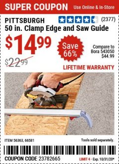 Harbor Freight Coupon 50 CLAMP EDGE AND SAW GUIDE Lot No. 56363/66581 Expired: 9/28/20 - $14.99