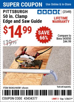 Harbor Freight Coupon 50 CLAMP EDGE AND SAW GUIDE Lot No. 56363/66581 Expired: 1/28/21 - $14.99