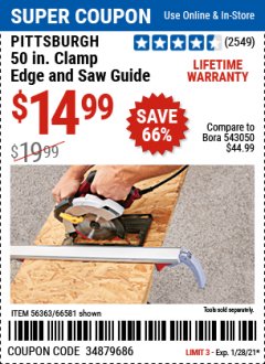 Harbor Freight Coupon 50 CLAMP EDGE AND SAW GUIDE Lot No. 56363/66581 Expired: 1/28/21 - $14.99